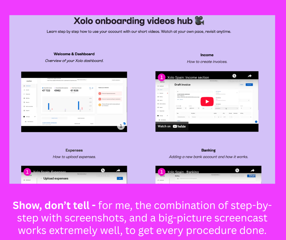 Xolo onboarding hub – screencast walkthroughs
